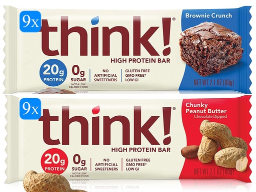 [BRSWYZQEBYIBAYD5] Bulk Buy think! High Protein Bars 18 Bar Variety Pack - 9 Chunky Peanut Butter, 9 Brownie Crunch (2.1 Oz Bars)