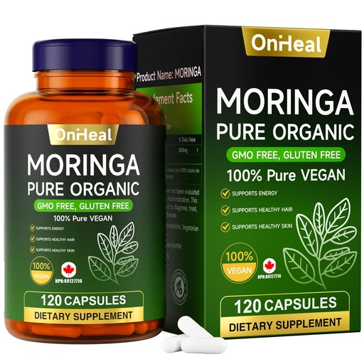 [BRSREAAFA5YRQALZ] Organic Moringa Capsules 1000 mg, 120 Count - Moringa Capsules with Organic Olefeira Powder, Supports Healthy Hair and Skin, Energy and Balance - Vegan, Non-GMO Daily Health Supplement