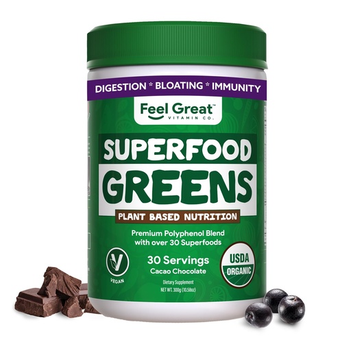 [BRSWKHQTBEORKHA2] Feel Great Organic Superfood Greens Powder - Cocoa Chocolate | Fruit & Vegetable Supplement | Over 20 Greens, Fruits & Veggies, Fiber, Probiotics & Digestive Enzymes | 30 Servings