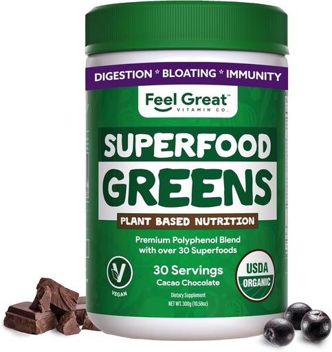 [BRSWKHQTBEORKHA2] Feel Great Organic Superfood Greens Powder - Cocoa Chocolate TENIDO Fruit & Vegetable Suplemento TENER 20 Greens, Fruits & Veggies, Fiber, Probióticos " Enzymes Digestivos TENIDO 30 Servimientos