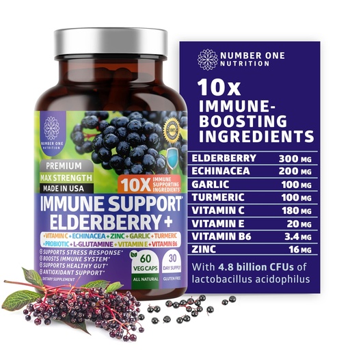 [BRSWYZAOAANWKDLD] 10 in 1 Immune Support Supplement [10 Potent Ingredients] with Elderberry, Vitamin C, Zinc, Echinacea, Turmeric Curcumin, Garlic and Probiotics for Adults, 60 Veg Caps