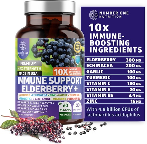 [BRSWYZAOAANWKDLD] Premium 10 i 1 immunforsvar supplement [10 Potent Ingredienser] med Elderberry, C-vitamin, Echinacea, Zink og probiotika til immunforsvar, Gut sundhed og bedre fordøjelse, 60 Veg Caps