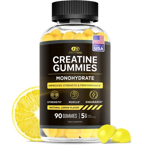 [BRSROHAYPJ4BO23K] Effective Nutra Creatine Monohydrate Gummies - 1g Creatine per Gummy - Vegan Muscle & Strength Supplement for Men & Women - Supports Muscle Growth, Energy, Endurance - Lemon Flavor, Made in USA (90ct)