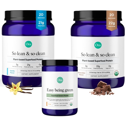 [BRSROGIDOINGM23P] Ora Organic Vegan Protein Powder Chocolate, Vanila & Greens Powder Bundle: 22g Plant Based, Chocolate, 20 Servings + 21g Plant Based, Vanilla, 20 Servings + Organic Super Greens Drink, 30 Servings