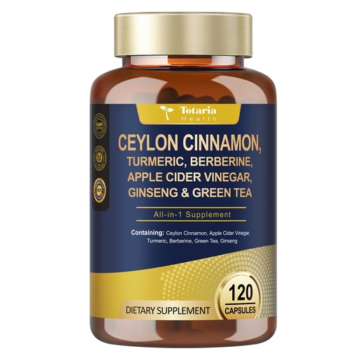 [BRSREFQOBUNA4E36] Totaria 18-in-1 Organic Ceylon Cinnamon Capsules with Berberine, Ceylon Cinnamon Supplement w/Apple Cider Vinegar Turmeric Bitter Melon Milk Thistle, for Metabolism, Energy, Heart*, 120 Counts