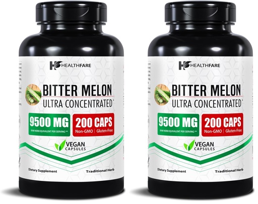 [BRSREALYAAFAO3DH] Healthfare Bitter Melon Extract 9500mg | 200 Vegan Capsules | Extra Strength Formula | Non-GMO, Gluten-Free | Made in The USA (Pack of 2)