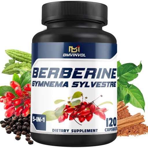[BRSRMZD4BB6RMA34] BMVINVOL 5-in-1 Berberine Supplement with Ceylon Cinnamon, Gymnema Sylvestre, Bitter Melon & Black Pepper - Supports Immune Function, Cardiovascular Heart (120 Count)