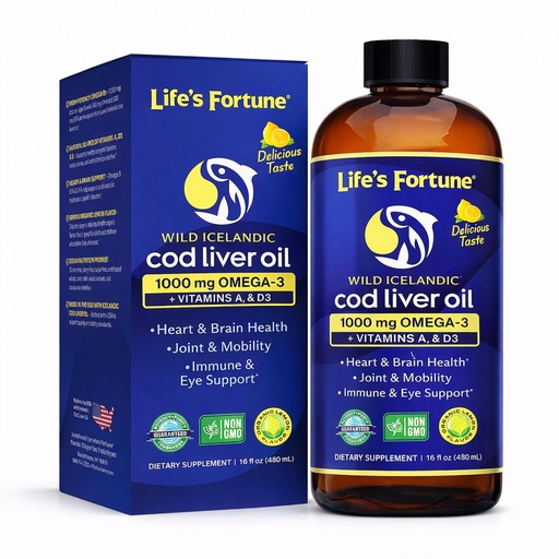 [BRSROH37DICBAAA4] Life's Fortune Cod Liver Oil Liquid Lemon Flavor Organic Supplement with DHA, EPA 1000 mg High Potency Omega-3s + Vitamin A, E & D3 - Supports Immune, Joints, Eyes, 16 Fl Oz (Pack of 1)
