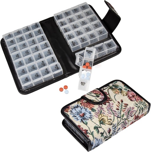 [BRSWKFYAAQPAYE32] Floral Pill Case Box, 14 Day Pill Holder Pill Container & Medication Organizer, Travel Case - 4 Marked Compartments for Each Day of The Week - Morn, Noon, Eve, Bed