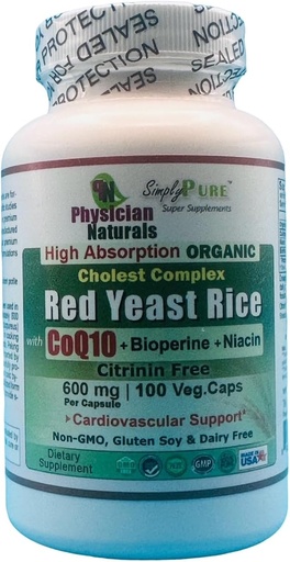 [BRSWYEIYBF4AE332] Organic Red Yeast Rice w Coenzyme Q10 and Piperine 600 mg High Absorption 100 Veg Caps 1200 mg per Serving