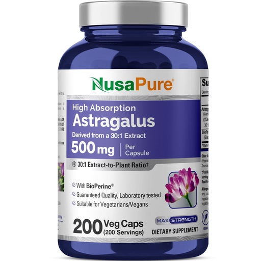 [BRSWYED2BYHRYF3F] NusaPure Astragalus Root, 500 mg, 200 Veg Capsules (Non-GMO, Vegan)