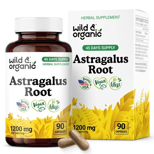 [BRSRAHA3B4HQG2DU] Wild & Organic Astragalus Capsules 1200 mg - Immune Support - Astragalus Root Powder Supplement - 45 Days of Supply - Vegan, No Fillers, Non-GMO - 90 Count
