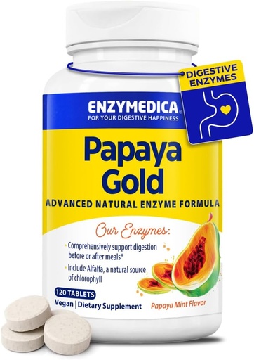 [BRSROADYCUHQ4CQ3] Enzymedica Papaya Gold, Advanced Digestive Enzymes with Natural Organic Papaya & Chlorophyll for Comprehensive Digestion Support, High Potency Bromelain " Papain, Vegan, Mint, 120 Chewable Tablets