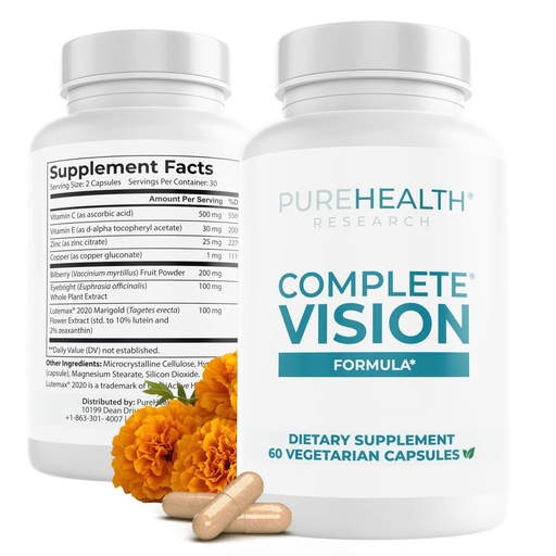 [BRSRMHAYAEDRQGTL] PUREHEALTH RESEARCH Complete Vision Formula - Eye Vitamins & Mineral Supplement - Lutein and Zeaxanthin Supplements for Men & Women - with Eyebright Herb, Zinc, Copper, Bilberry & More - 60 Capsules