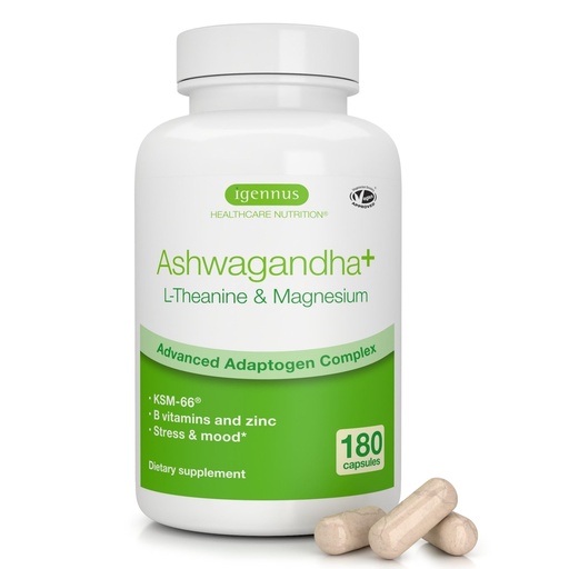 [BRSRE2YFBMFRM3D5] Igennus High Strength Ashwagandha KSM-66 Stress Relief Complex, L-Theanine & Magnesium & Root Extract Adaptogens, Methylated B Vitamins, Calm & Sleep Support, Clean Label, 180 Fast Acting Capsules