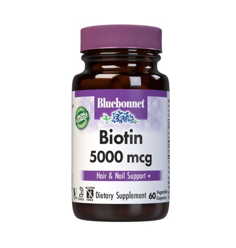 [BRSWIYQZBQIQC2TY] Bluebonnet Nutrition Biotin 5000 mcg, Hair & Nail Support*, Non-GMO, Vegan, Kosher Certified, Gluten-Free, Soy-Free, Dairy-Free, 60 Vegetable Capsules, 60 Servings
