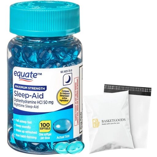 [BRSRE2YRBF6RE3L6] Diphenhydramine 50mg- Equate softgels Maximum Strength HCl 100ct (Pack of 1), Set by Basket Goods