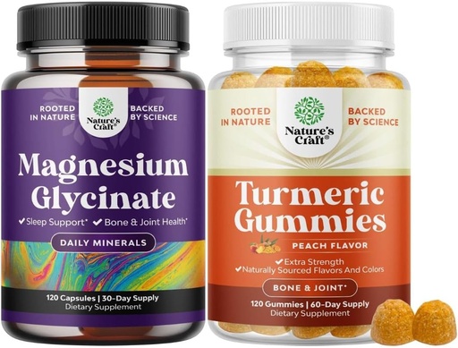[BRSROCT4CIMAMA36] Bundle of Pure Magnesium Glycinate 400mg Per Serving for Mood Sleep and Relaxation and Turmeric Gummies for Adults Peach Flavor - Extra Strength Joint Support