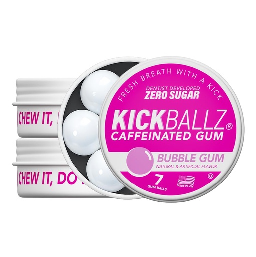 [BRSRAHALBUIQKGQV] KickBallz Bubblegum Caffeine Energy Gum | Extra Strength - 110mg per Gumball | Fast-Acting Energy Boost | Tastes Amazing | Freshens Breath | Zero Sugar | Gluten-Free | USA Made | 3 Tins (21 Count)
