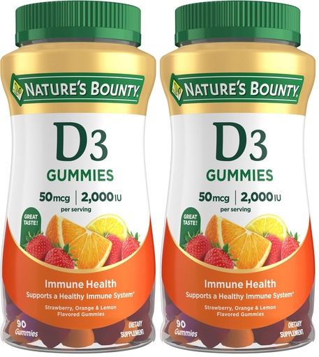 [BRSRGGQTOAIWC3LX] Nature's Bounty Vitamin D3 Gummies, Vitamin Supplement, Supports Immune Health, 50mcg, 2000IU, Mixed Fruit Flavor, 90 Gummies (Pack of 2)