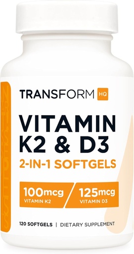[BRSRMAL4CEGRU33P] TransformHQ Vitamin K2 (MK7) (100mcg) + Vitamin D3 (5000 IU) 120 Softgels - Gluten Free and Non-GMO