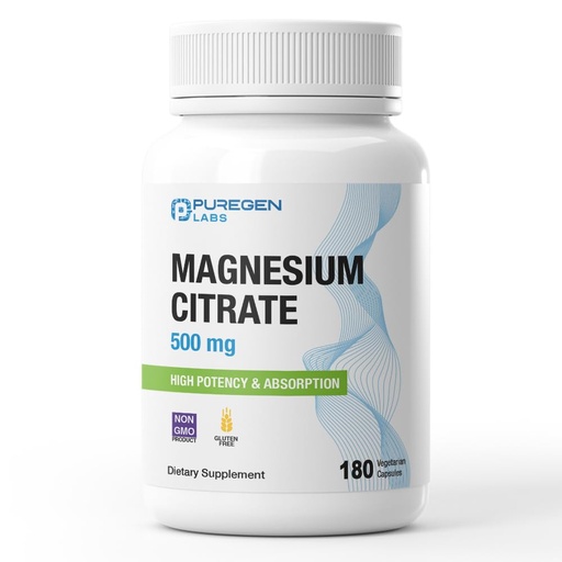[BRSRAED3DN7R43DB] Magnesium Citrate 500 mg | High Potency Elemental Magnesium | Total 180 Veggie Caps, Superior Absorption, Non-GMO, NO Gluten and Dairy