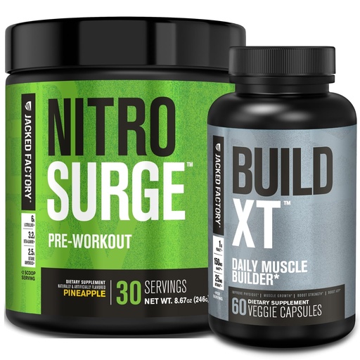 [BRSRMAQNOV6QAFA4] Jacked Factory Nitrosurge Pre-Workout in Pineapple & Build XT Muscle Building Bundle for Men & Women