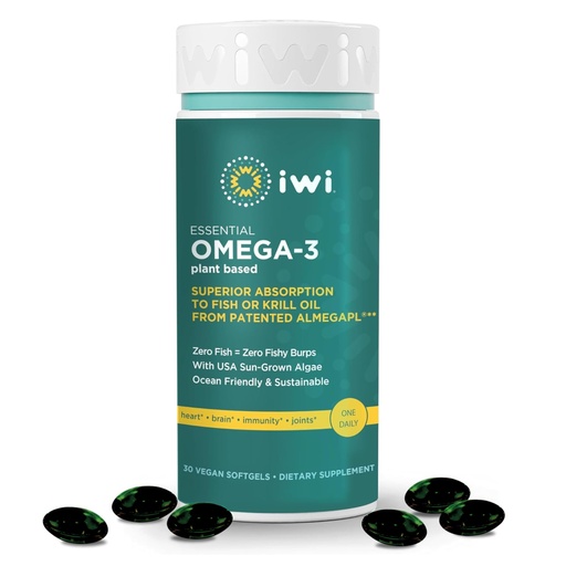 [BRSRMBLYO4PQMGT4] Iwi Omega-3 Essential, 30 Softgels (30 Servings), Plant-Based Algae Omega 3 with EPA + DHA, Brain, Heart & Immune Support Dietary Supplement, Krill & Fish Oil Alternative, No Fishy Aftertaste