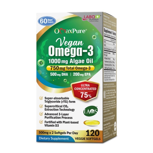 [BRSRACQTOJYWYETL] LABO Nutrition OmaxPure Vegan Omega-3 Algae Oil 750mg — Plant-Based EPA & DHA Omega-3 Supplement for Heart, Brain & Eye Health — 120 Softgels, IAOS Certified