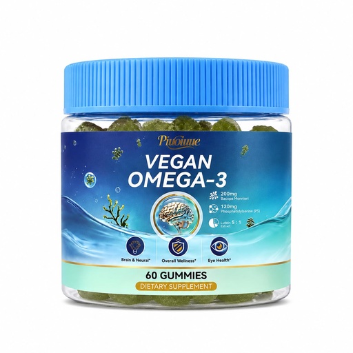 [BRSRYYA5CEPQEDTL] Vegan Omega-3 Gummies with Algae DHA & EPA, Supports Brain & Eye Health, with Lutein, Zeaxanthin, PS & Bacopa, No Fishy Taste, 60 Ct