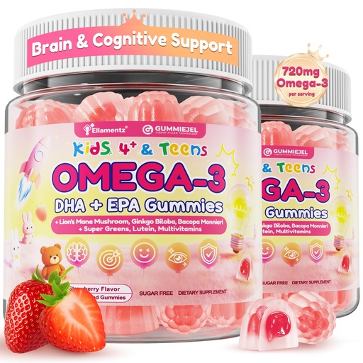 [BRSRAAL4C4PWECD3] Omega 3 for Kids & Teens, High DHA Algal Oil Gummies w/Lion's Mane, Super Greens, Lutein, Methyl B12 B9, D3 K2 for Brain Focus, Vision & Immunity, 0g Sugar Kids Focus Vitamins, No Fish Burps, 120cts