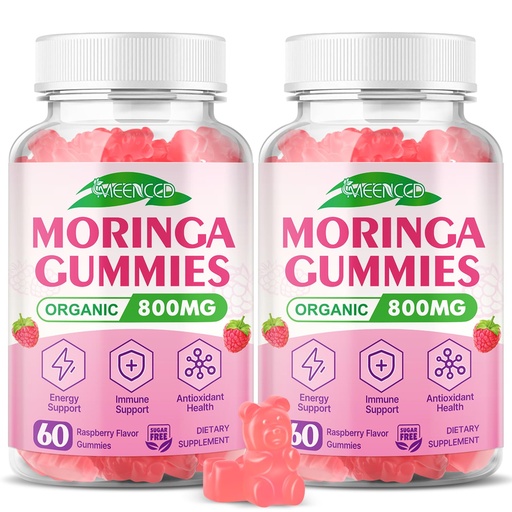 [BRSREZIFBANGOE3O] 2 Pack Moringa Gummies - Pure Moringa Leaf Supplement for Adults, Contains Essential Vitamins, Antioxidants & Amino Acids, Raspberry Flavor, 120 Count