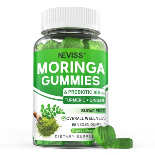 [BRSREEL7AB4BAALF] Moringa Gummies for Women Men, Sugar Free, Vegan, with 10 Billion CFU Probiotic Turmeric Ginger Ceylon Cinnamon, Chewable Organic Pure Moringa Leaf Supplement for Adults | Gut & Immune Support, 60Cts