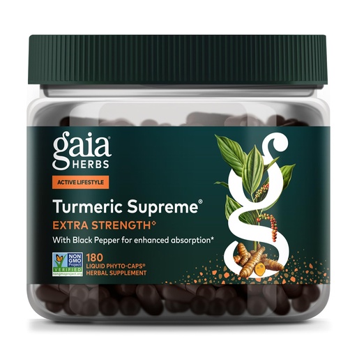 [BRSRMAA5AEBQMCTZ] Gaia Herbs Turmeric Supreme Extra Strength - Supports Occasional Discomfort from Normal Wear & Tear* - with Turmeric Curcumin & Black Pepper - 180 Vegan Liquid Phyto-Caps (Up to 180 Servings)