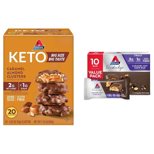 [BRSROCYOOQOR6EIU] Atkins Caramel Almond Clusters, Gluten Free, High in Fiber, 1g Sugar, 2g Net Carb, 20 count & Endulge Caramel Nut Chew Bar, Dessert Favorite, 1g Sugar, Good Source of Fiber, Low Sugar