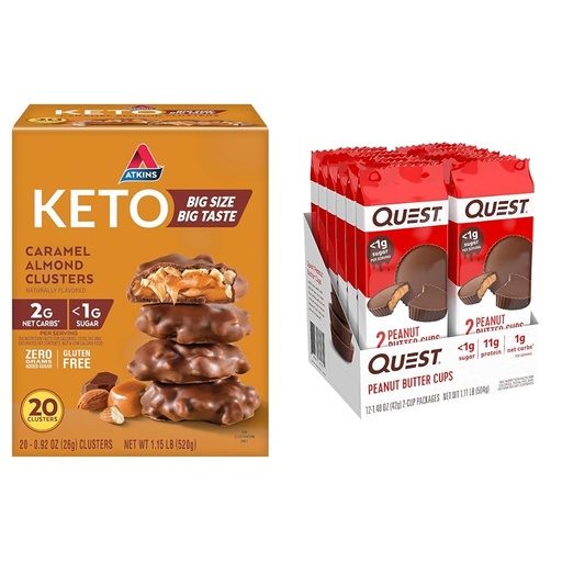 [BRSROAIKDIJRU3T5] Atkins Caramel Almond Clusters, Gluten Free, High in Fiber & Quest Nutrition High Protein Low Carb, Gluten Free, Keto Friendly, Peanut Butter Cups, 12 Count (Pack of 1) (total- 17.76 Ounce)