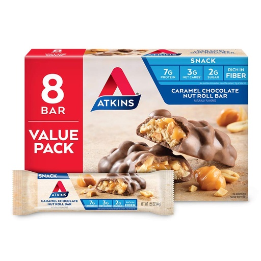 [BRSWGYD3A55QE2TX] Atkins Caramel Chocolate Nut Roll Snack Bar, Protein Snack, High in Fiber, 2g Sugar, 8 Count