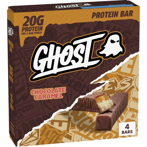[BRSRGBLYBAFWMCI3] GHOST PROTEIN BAR, CHOCOLATE CARAMEL Flavor, 20G Protein, 2G Sugar, 4 Dual-Bar Packs, 9.2 oz