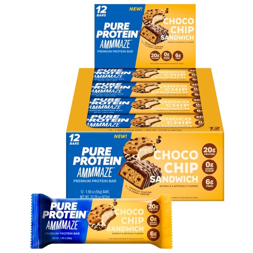 [BRSRGZQ2CUCR6G3V] Pure Protein AMMMAZE Choco Chip Sandwich Bars, 20g Protein, 6g Fiber, 5g Net Carbs, No Added Sugar, High Protein Snack, 12 Count – Meal Replacement Bar for On-the-Go