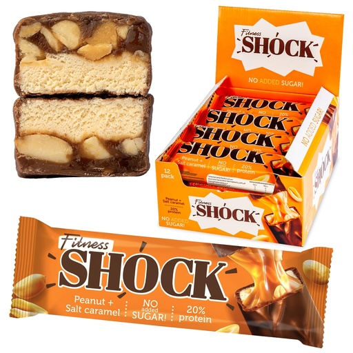 [BRSRMHY7CMNBU234] Fitness SHOCK Peanut Salted Caramel Protein Bars - Gluten Free, No Added Sugar, Low Calorie Low Carb Snack - 10g Protein, 0g Added Sugar, 180 Kcal, 18g Net Carbs - 12 x 50g