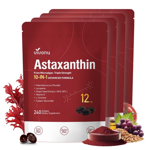 [BRSREHQDBB5GO3LH] 10 in 1 Astaxanthin Supplements 12mg, 16 Month Supply, Astaxantina Antioxidant from Fresh Haematococcus Pluvialis, Contains Lycopene, Grape Seed, Vitamin E, More Supports Eye, Joints, Skin Health 4Bag