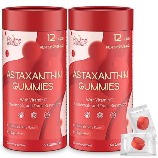 [BRSRGAI6AEBBOHTP] Astaxanthin Gummies – Astaxanthin Supplements with 12mg Per Gummy 24mg Max, Sugar Free Vegan Antioxidant with Vitamin C, Resveratrol & Tocotrienols – Supports Skin, Eye & Immune Health – 120 Count