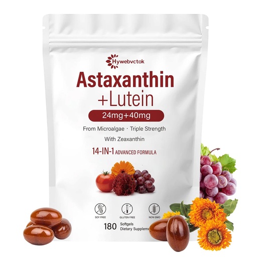 [BRSRGBI3BYIRSD3U] 14-in-1 Astaxanthin 24mg & Lutein 40mg with Zeaxanthin,Fresh Microalgae Source, Natural Astaxanthin Antioxidant Supplements for Eye, Skin Health, Non-GMO,180 Softgels, 6 Month Supply