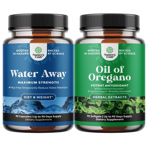 [BRSRECYYAB5R42D4] Bundle of Water Away Herbal Diuretic Pills High Strength with Dandelion Leaf Extract & Green Tea for Bloating Relief and Wild Oil of Oregano Softgels - Detox for Immune Support with Carvacrol 70%