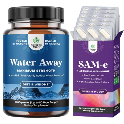[BRSRECYYOR6QADTK] Bundle of Water Away Herbal Diuretic Pills High Strength with Dandelion Leaf Extract & Green Tea for Bloating Relief and Pure SAM E Supplement 150mg Per Serving - S-adenosylmethionine for Mood Balance