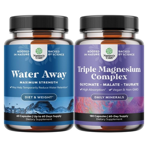 [BRSREADQBUHAY3DX] Bundle of Water Away Herbal Diuretic Pills High Strength - Fluid Retention Supplement with Dandelion Leaf Extract & Green Tea and Triple Magnesium Complex - Magnesium Glycinate, Malate & Taurate Blend