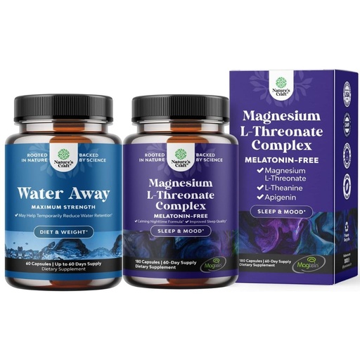 [BRSREADQBUFAI2QU] Bundle of Water Away Herbal Diuretic Pills High Strength - Fluid Retention Supplement with Dandelion Leaf Extract & Green Tea and High Absorption Magnesium Sleep Supplement - Melatonin-Free for Sleep