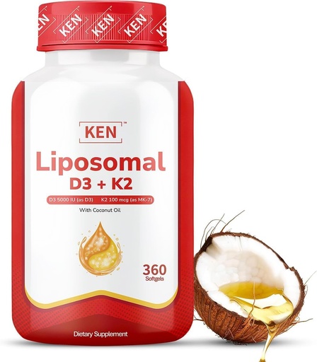 [BRSREEA6OUNRG336] KEN Liposomal Vitamin D3 5000 IU + K2 (MK7) 100 mcg, Enhanced Calcium Absorption, Supports Immune Function, Coconut Oil, No Seed Oil, Non-GMO 360 Halal Bovine Softgels