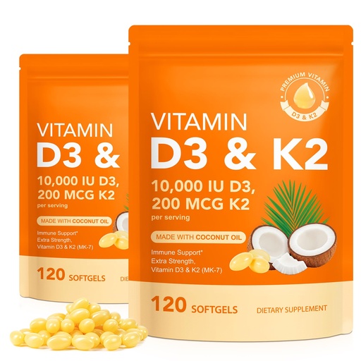 [BRSRGAQ6A55AGAYZ] Vitamin D3 K2 Supplement Softgel, D3 K2 Vitamin 10000 IU Supports Immune, Heart, Teeth & Bone Health, Easy to Swallow & Non-GMO, 240 Softgels