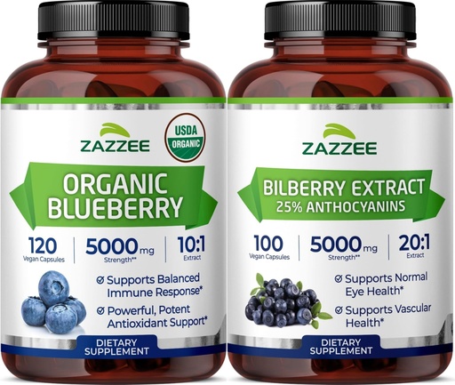 [BRSRGGLQAEIQKCQ4] Zazzee Brain & Eye Health Support Bundle | Extra Strength Bilberry 20:1 Extract & USDA Organic Blueberry Extract Capsules | Non-GMO Vegan & ISO Lab Tested